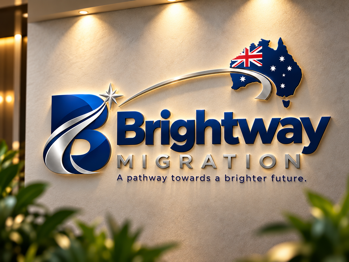 Brightway Migration: blue and silver logo, silver pathway leading to an Australian flag map, and the tagline A pathway towards a brighter future.